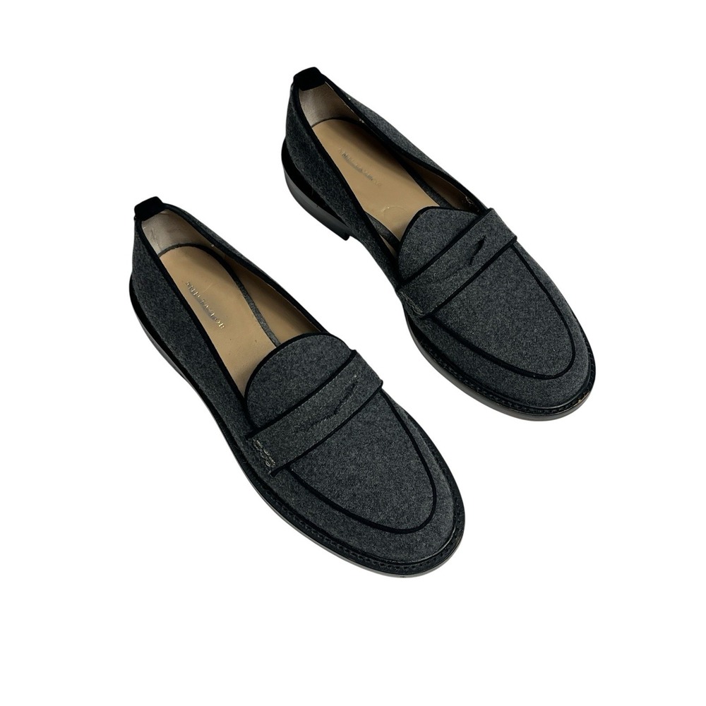 Ann Taylor Gray Felt Penny Loafers Women's Size 6M Black Trim Preppy Flats